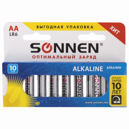 Батарейки КОМПЛЕКТ 10 шт., SONNEN Alkaline, АА (LR6, 15А), алкалиновые, пальчиковые, короб, 451086 Батарейки КОМПЛЕКТ 10 шт., SONNEN Alkaline, АА (LR6, 15А), алкалиновые, пальчиковые, короб, 451086