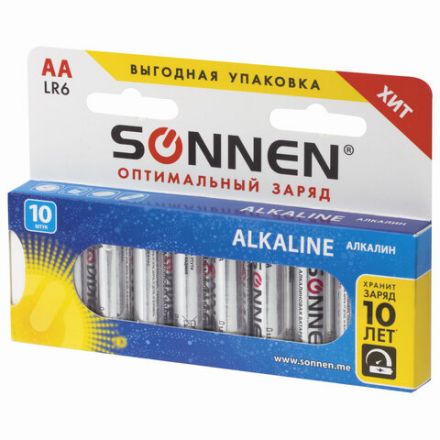 Батарейки КОМПЛЕКТ 10 шт., SONNEN Alkaline, АА (LR6, 15А), алкалиновые, пальчиковые, короб, 451086 Батарейки КОМПЛЕКТ 10 шт., SONNEN Alkaline, АА (LR6, 15А), алкалиновые, пальчиковые, короб, 451086