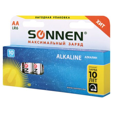 Батарейки КОМПЛЕКТ 10 шт., SONNEN Alkaline, АА (LR6, 15А), алкалиновые, пальчиковые, короб, 451086