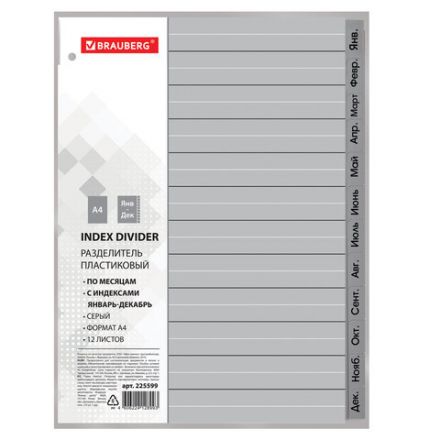 Разделитель пластиковый BRAUBERG, А4, 12 листов, Январь-Декабрь, оглавление, серый, РОССИЯ, 225599 Разделитель пластиковый BRAUBERG, А4, 12 листов, Январь-Декабрь, оглавление, серый, РОССИЯ, 225599
