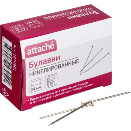 Булавки унив. ник. Attache, 24 мм, 500 штук, в картонной коробке