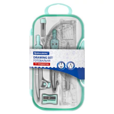 Готовальня BRAUBERG SCHOOL KIT, 11 предметов, циркуль 115 мм, циркуль 125 мм, чертежные принадлежности, мятный цвет, 210706 Готовальня BRAUBERG SCHOOL KIT, 11 предметов, циркуль 115 мм, циркуль 125 мм, чертежные принадлежности, мятный цвет, 210706