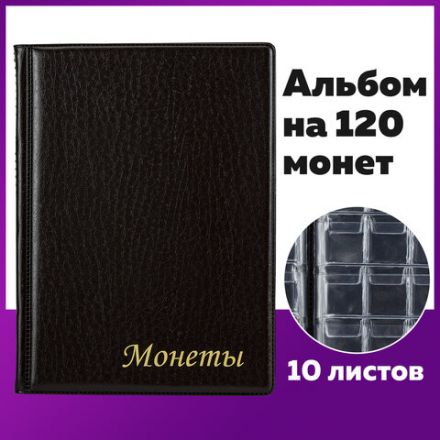 Альбом нумизмата для 120 монет, 125х175 мм, ПВХ, коричневый, STAFF, 238074 Альбом нумизмата для 120 монет, 125х175 мм, ПВХ, коричневый, STAFF, 238074