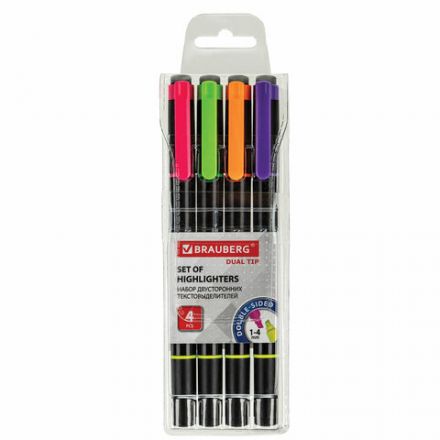 Набор текстовыделителей двусторонних BRAUBERG DUAL TIP 4 шт., АССОРТИ, линия 1-4 мм, 150845 Набор текстовыделителей двусторонних BRAUBERG DUAL TIP 4 шт., АССОРТИ, линия 1-4 мм, 150845