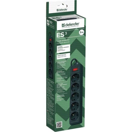 Сетевой фильтр DEFENDER ES, 5 розеток, 3 м, черный, 99485 Сетевой фильтр DEFENDER ES, 5 розеток, 3 м, черный, 99485