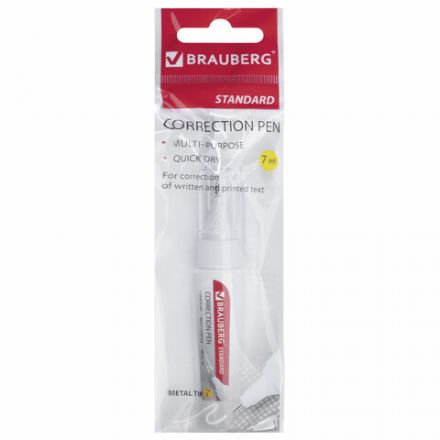 Ручка-корректор BRAUBERG "Standard", 7 мл, металлический наконечник, в упаковке с подвесом, 222058