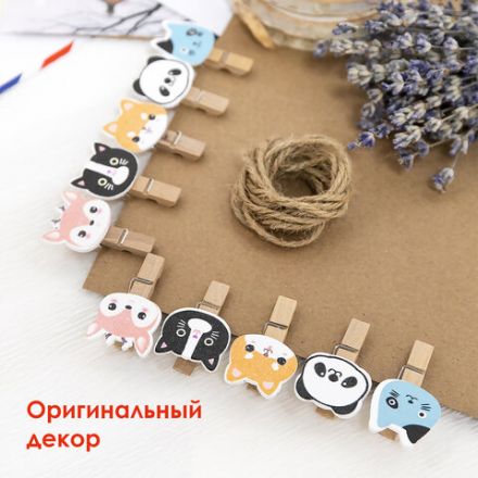 Прищепки декоративные "Забавные животные", 10 штук, 3,5 см, ассорти, со шпагатом, ОСТРОВ СОКРОВИЩ, 662672 Прищепки декоративные "Забавные животные", 10 штук, 3,5 см, ассорти, со шпагатом, ОСТРОВ СОКРОВИЩ, 662672