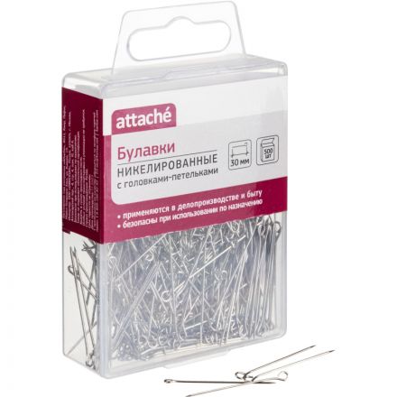 Булавки унив. с гол.петель. ник. Attache, 30 мм, 500 штук, в пласт кор