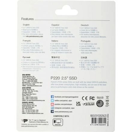 SSD накопитель Patriot P220 256Gb, 2.5, SATA(P220S256G25)