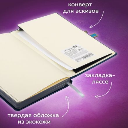 Скетчбук, слоновая кость 140 г/м2 130х210 мм, 80 л., КОЖЗАМ, застежка металл, BRAUBERG ART CLASSIC, "Inspiration", под кожу, синий, 116465