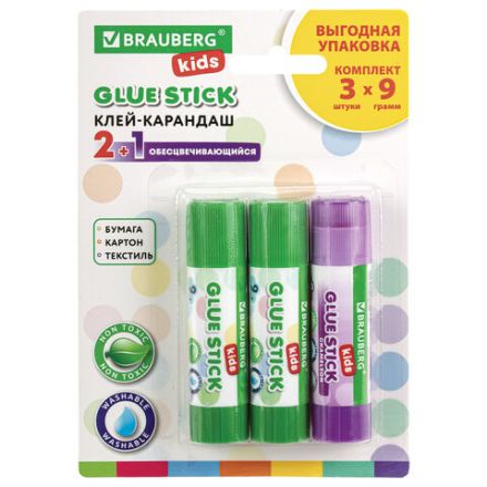 Клей-карандаш "2+1 обесцвечивающийся" 9 г, КОМПЛЕКТ 3 шт./блистер, BRAUBERG KIDS, 271712 Клей-карандаш "2+1 обесцвечивающийся" 9 г, КОМПЛЕКТ 3 шт./блистер, BRAUBERG KIDS, 271712