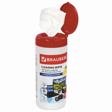 Салфетки для экранов всех типов и пластика BRAUBERG с ароматом "ЛИМОН", туба 100 шт., влажные, 511688 Салфетки для экранов всех типов и пластика BRAUBERG с ароматом "ЛИМОН", туба 100 шт., влажные, 511688