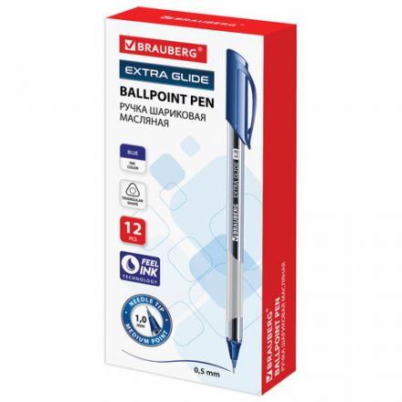 Ручка шариковая масляная BRAUBERG "Extra Glide", СИНЯЯ, трехгранная, узел 1 мм, линия письма 0,5 мм, 141700