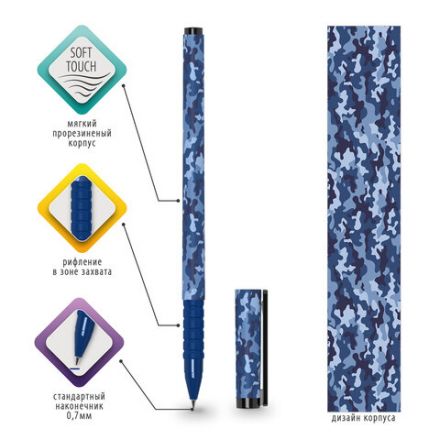 Ручка шариковая BRAUBERG SOFT TOUCH GRIP "MILITARY", СИНЯЯ, мягкое покрытие, узел 0,7 мм, 143713 Ручка шариковая BRAUBERG SOFT TOUCH GRIP "MILITARY", СИНЯЯ, мягкое покрытие, узел 0,7 мм, 143713