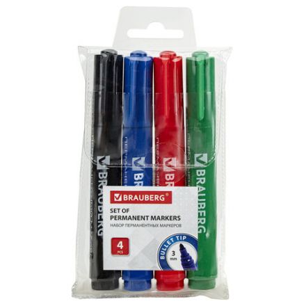 Маркеры перманентные BRAUBERG "Classic", НАБОР 4 ЦВЕТА, круглый наконечник, 3 мм, 150299 Маркеры перманентные BRAUBERG "Classic", НАБОР 4 ЦВЕТА, круглый наконечник, 3 мм, 150299