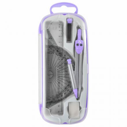 Готовальня BRAUBERG SCHOOL KIT, 9 предметов, циркуль 125 мм, чертежные принадлежности, лаванда, 210713