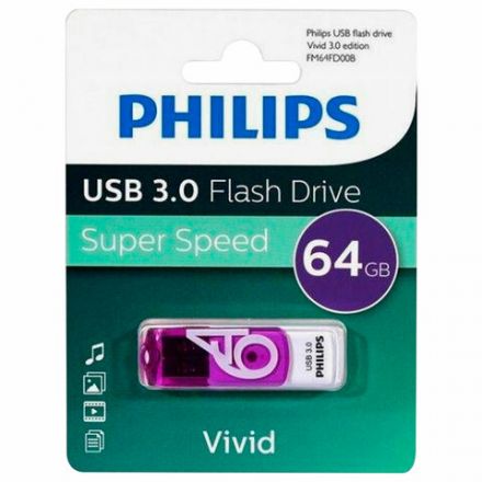 Флеш-диск 64 GB PHILIPS VIVID, разъем USB 3.0, фиолетовый, FM64FD00B/97 Флеш-диск 64 GB PHILIPS VIVID, разъем USB 3.0, фиолетовый, FM64FD00B/97