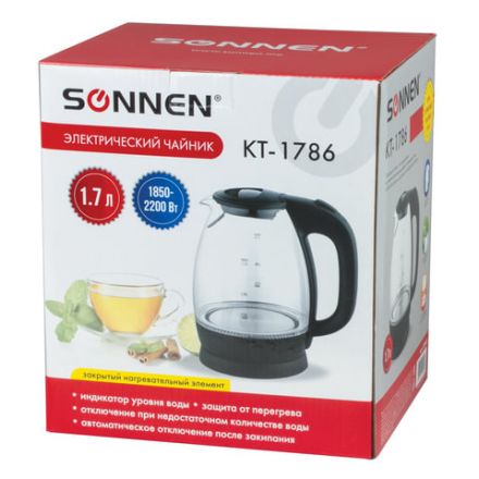 Чайник SONNEN KT-1786, 1,7 л, 2200 Вт, закрытый нагревательный элемент, стекло, 453422 Чайник SONNEN KT-1786, 1,7 л, 2200 Вт, закрытый нагревательный элемент, стекло, 453422