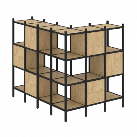 Loft Угловой внешний стеллаж наборный VR.L-52 Тиквуд светлый/Чёрный металл 1694*1278*1458 Loft Угловой внешний стеллаж наборный VR.L-52 Тиквуд светлый/Чёрный металл 1694*1278*1458