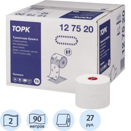Бумага туалетная Tork Premium T6 2сл бел 100%цел втул 90м 27рул/уп 127520 Бумага туалетная Tork Premium T6 2сл бел 100%цел втул 90м 27рул/уп 127520
