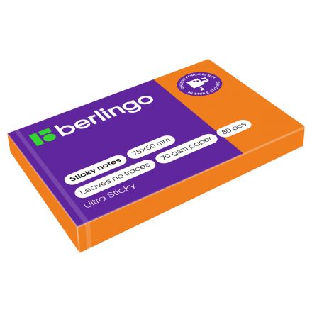 Самоклеящийся блок Berlingo "Ultra Sticky", 50*75мм, 80л., оранжевый неон Самоклеящийся блок Berlingo "Ultra Sticky", 50*75мм, 80л., оранжевый неон