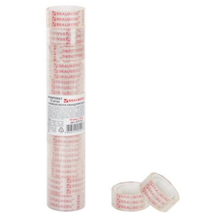 Клейкие ленты 19 мм х 10 м канцелярские BRAUBERG, комплект 12 шт., прозрачные, 223124 Клейкие ленты 19 мм х 10 м канцелярские BRAUBERG, комплект 12 шт., прозрачные, 223124