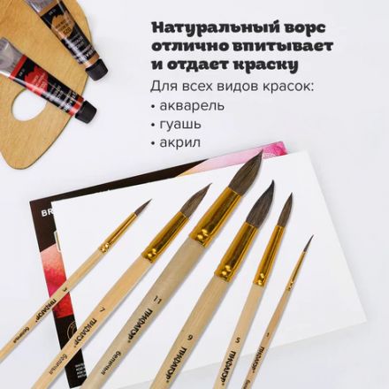 Кисти ПИФАГОР, набор 6 шт. (БЕЛКА: круглые № 1, 3, 5, 7, 9, 11), блистер с европодвесом, 200891