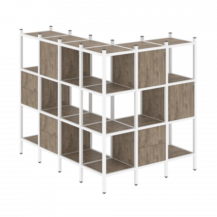 Loft Угловой внешний стеллаж наборный VR.L-52 Тиквуд тёмный/Белый металл 1694*1278*1458 Loft Угловой внешний стеллаж наборный VR.L-52 Тиквуд тёмный/Белый металл 1694*1278*1458
