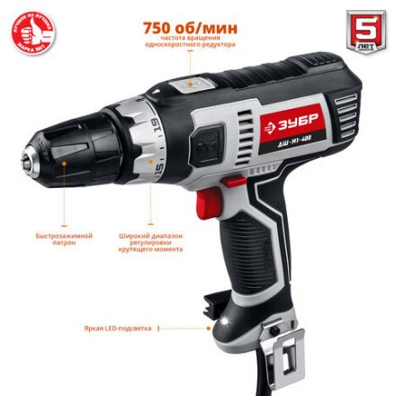 Дрель-шуруповерт СЕТЕВАЯ, 400 Вт, 750 об/мин, ЗУБР ДШ-М1-400 Дрель-шуруповерт СЕТЕВАЯ, 400 Вт, 750 об/мин, ЗУБР ДШ-М1-400