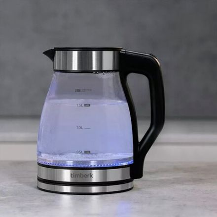 Чайник со съемным заварником TIMBERK T-EK27G02, 1,5 л, 1800 Вт, закрытый нагревательный элемент, стекло, стальной Чайник со съемным заварником TIMBERK T-EK27G02, 1,5 л, 1800 Вт, закрытый нагревательный элемент, стекло, стальной