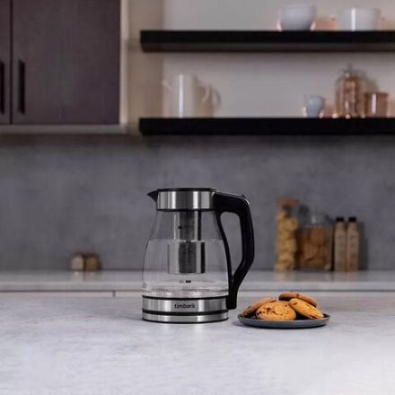 Чайник со съемным заварником TIMBERK T-EK27G02, 1,5 л, 1800 Вт, закрытый нагревательный элемент, стекло, стальной Чайник со съемным заварником TIMBERK T-EK27G02, 1,5 л, 1800 Вт, закрытый нагревательный элемент, стекло, стальной