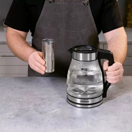 Чайник со съемным заварником TIMBERK T-EK27G02, 1,5 л, 1800 Вт, закрытый нагревательный элемент, стекло, стальной Чайник со съемным заварником TIMBERK T-EK27G02, 1,5 л, 1800 Вт, закрытый нагревательный элемент, стекло, стальной