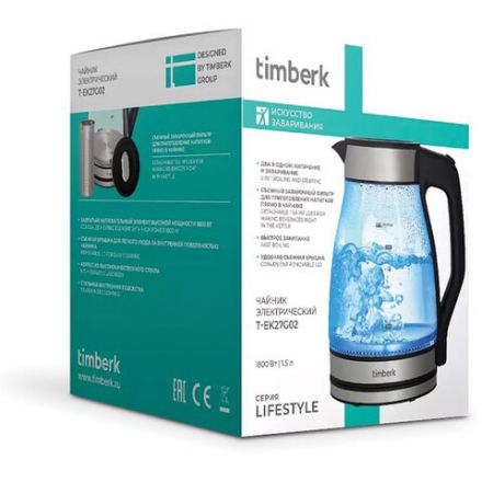 Чайник со съемным заварником TIMBERK T-EK27G02, 1,5 л, 1800 Вт, закрытый нагревательный элемент, стекло, стальной Чайник со съемным заварником TIMBERK T-EK27G02, 1,5 л, 1800 Вт, закрытый нагревательный элемент, стекло, стальной