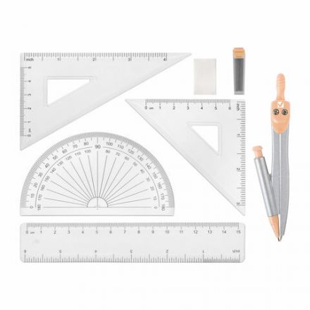 Готовальня BRAUBERG SCHOOL KIT, 9 предметов, циркуль 125 мм, чертежные принадлежности, персиковый цвет, 210715