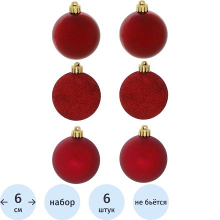 Набор шаров НГ, набор из 6 шт, D6см, красный, L17,5 W6 H11,5 см 753630