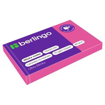 Самоклеящийся блок Berlingo "Ultra Sticky", 50*75мм, 80л., розовый неон Самоклеящийся блок Berlingo "Ultra Sticky", 50*75мм, 80л., розовый неон
