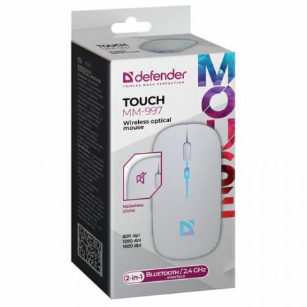 Мышь беспроводная DEFENDER TOUCH MM-997, USB, 3 кнопки+1 колесо-кнопка, оптическая, белая, 52998