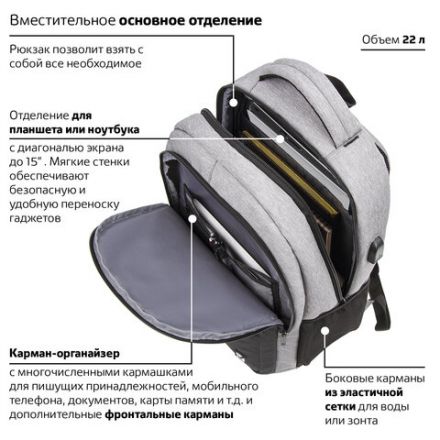 Рюкзак BRAUBERG URBAN универсальный, с отделением для ноутбука, USB-порт, Detroit, серый, 46х30х16 см, 229894 Рюкзак BRAUBERG URBAN универсальный, с отделением для ноутбука, USB-порт, Detroit, серый, 46х30х16 см, 229894