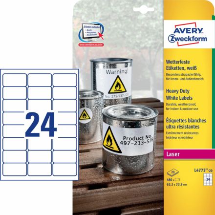 Этикетки самоклеящиеся Avery Zweckform всепогодные белые 63.5х33.9 мм (24 штуки на листе A4, 20 листов, артикул производителя L4773-20)