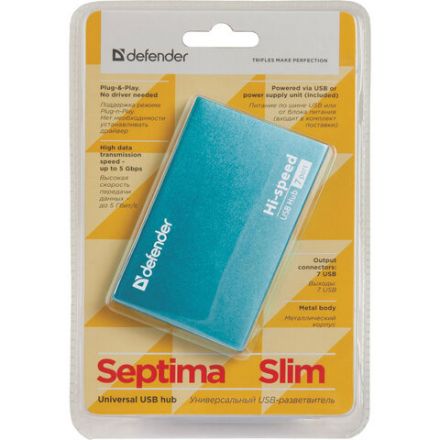 Хаб USB 2.0, 7 портов, порт для питания, синий, DEFENDER SEPTIMA SLIM, 83505 Хаб USB 2.0, 7 портов, порт для питания, синий, DEFENDER SEPTIMA SLIM, 83505