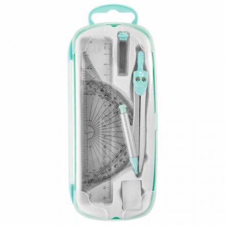 Готовальня BRAUBERG SCHOOL KIT, 9 предметов, циркуль 125 мм, чертежные принадлежности, мятный цвет, 210716