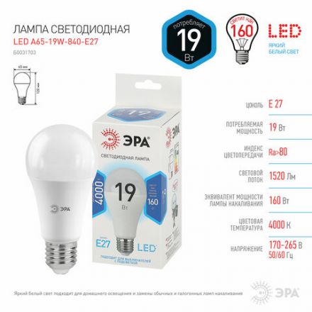 Лампа светодиодная ЭРА STD, 19 (160) Вт, цоколь E27, груша, нейтральный белый свет, 35000 ч., LED A65-19W-840-E27, Б0031703 Лампа светодиодная ЭРА STD, 19 (160) Вт, цоколь E27, груша, нейтральный белый свет, 35000 ч., LED A65-19W-840-E27, Б0031703