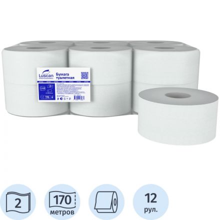Бумага туалетная в рулонах Luscan Professional 2-слойная 12 рулонов по 170 метров (артикул производителя 368529)