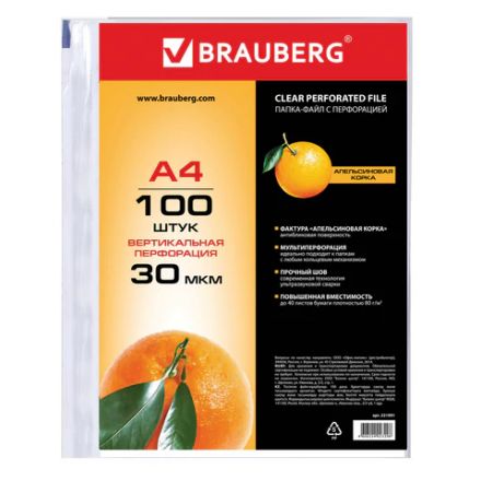 Папки-файлы перфорированные, А4, BRAUBERG "STANDARD", комплект 100 шт., матовые, 30 мкм, 221991