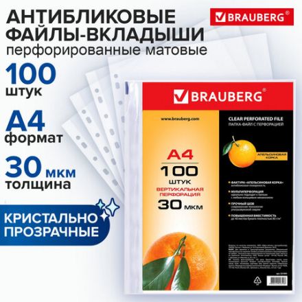 Папки-файлы перфорированные, А4, BRAUBERG "STANDARD", комплект 100 шт., матовые, 30 мкм, 221991 Папки-файлы перфорированные, А4, BRAUBERG "STANDARD", комплект 100 шт., матовые, 30 мкм, 221991