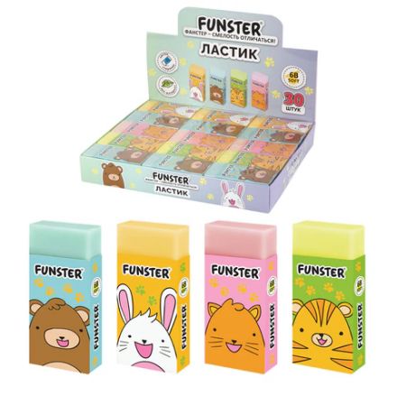 Ластик FUNSTER (ФАНСТЕР) "ANIMALS", 50х24х10 мм, прямоугольный, картонный держатель, экологичный ПВХ, ассорти, 272730 Ластик FUNSTER (ФАНСТЕР) "ANIMALS", 50х24х10 мм, прямоугольный, картонный держатель, экологичный ПВХ, ассорти, 272730
