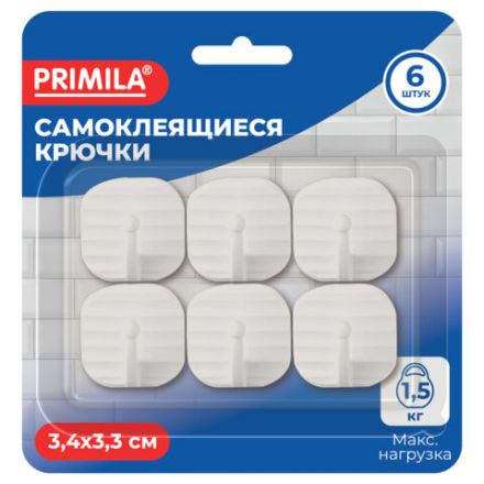 Крючки самоклеящиеся КОМПЛЕКТ 6 шт., 3,4х3,3 см, пластиковые, квадратные, белые, PRIMILA (ПРИМИЛА), 702382