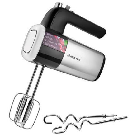 Миксер BRAYER BR1302, 800 Вт, 5 скоростей, 2 венчика, 2 крюка для теста, черный/серебро Миксер BRAYER BR1302, 800 Вт, 5 скоростей, 2 венчика, 2 крюка для теста, черный/серебро