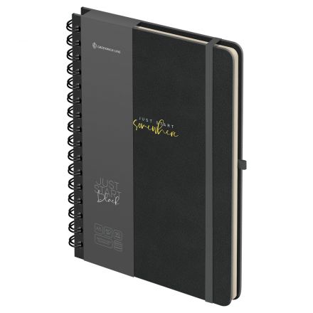 Записная книжка А5 96л., кожзам, на гребне, Greenwich Line "Just start. Black", твердая обложка, тиснение фольгой, с петлей для ручки Записная книжка А5 96л., кожзам, на гребне, Greenwich Line "Just start. Black", твердая обложка, тиснение фольгой, с петлей для ручки