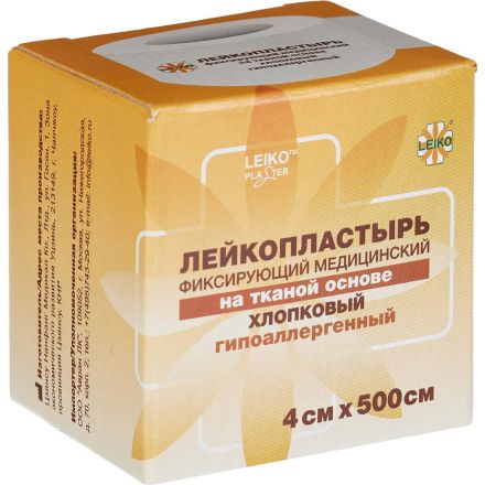 Лейкопластырь 4х500см тканевый в картоне LEIKO, 12 шт/уп